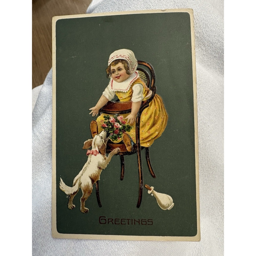 Antique Greetings Baby Girl In High chair Dog Postcard Ephemera Germany Unposted